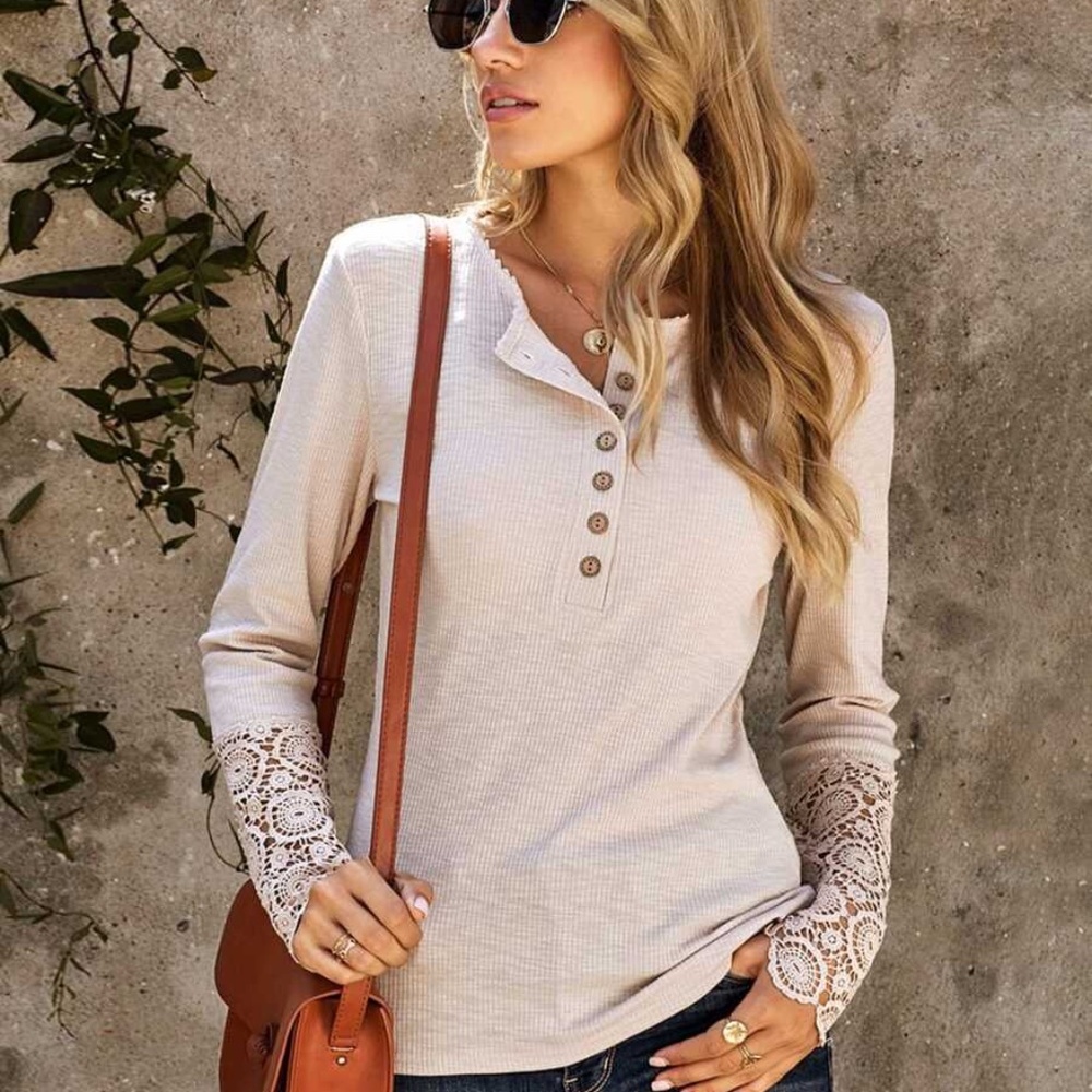 Button up lace long sleeve ribbed top white - Picture 12 of 12